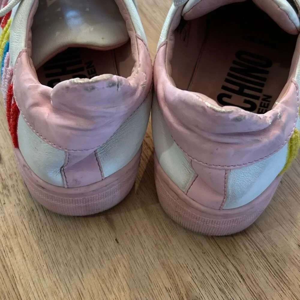 Moschino white pink colorful leather sneakers with tufted branding kids youth 5